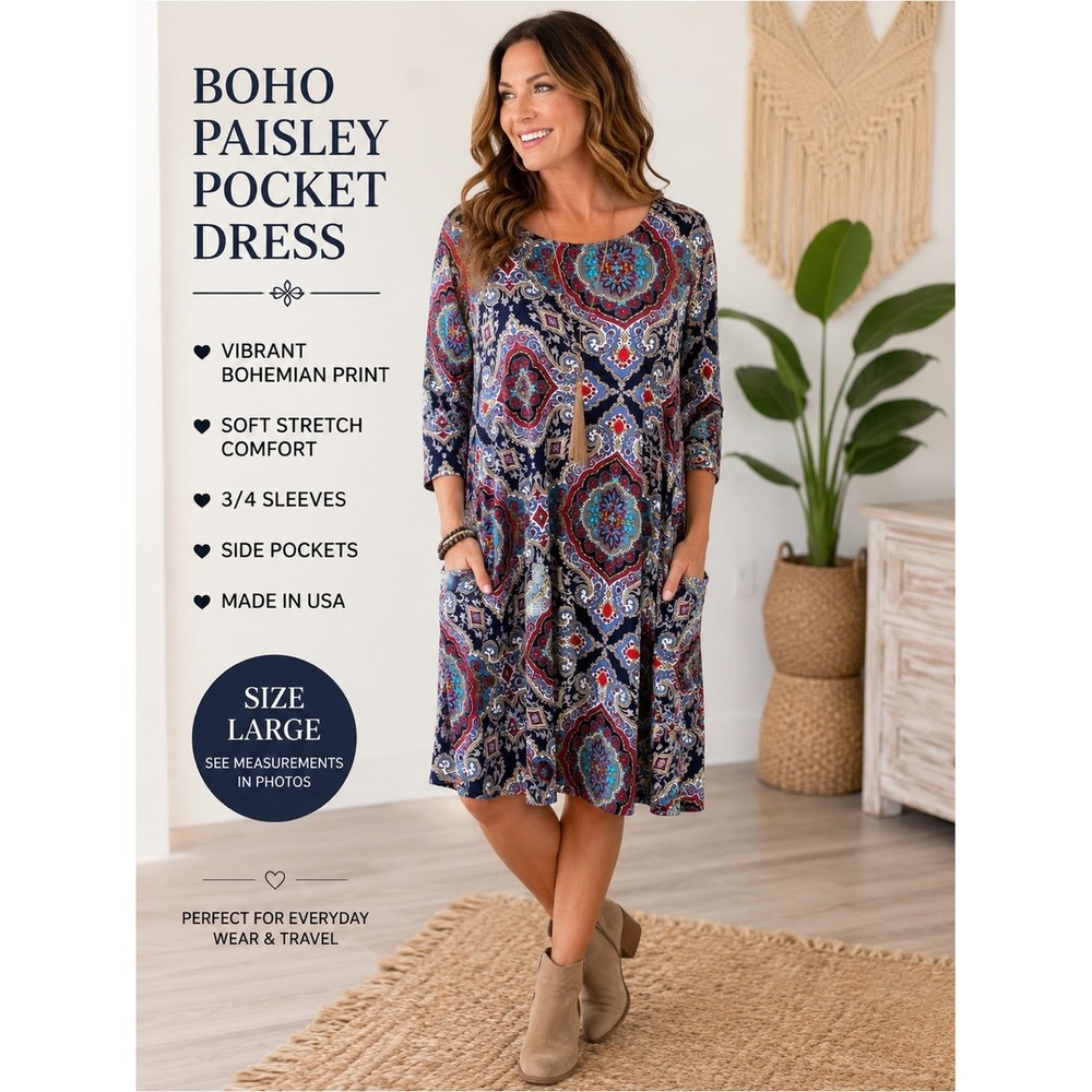 Boho Paisley Medallion Pocket Dress Womens Large Blue Red Stretch Knit USA